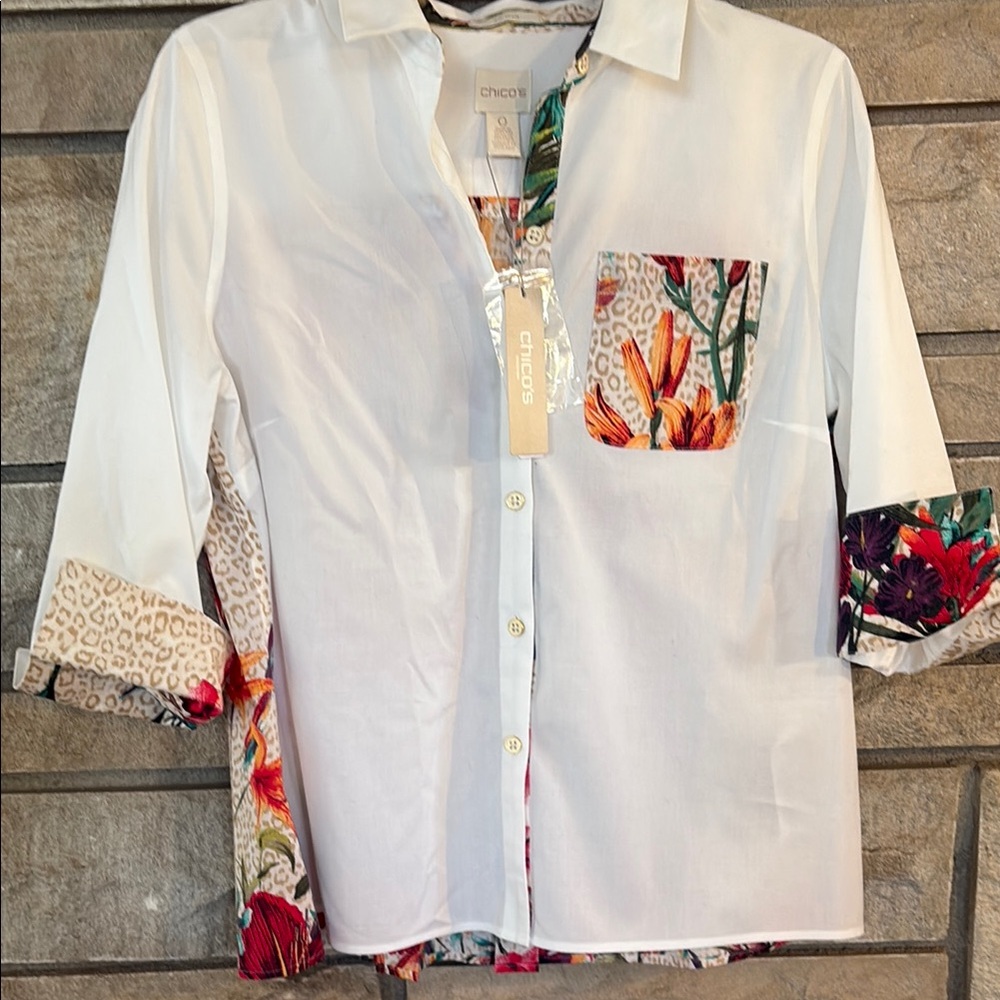 Chico’s white and tropical floral shirt